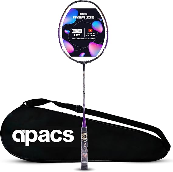 Apacs Finapi 232 (Unstrung, 38 LBS Max Tension) Made in Vietnam | 100% Japanese Graphite | High Modulus | High Power Badminton Racket with Free Full Cover | G1-4 1/4 inches (Purple)
