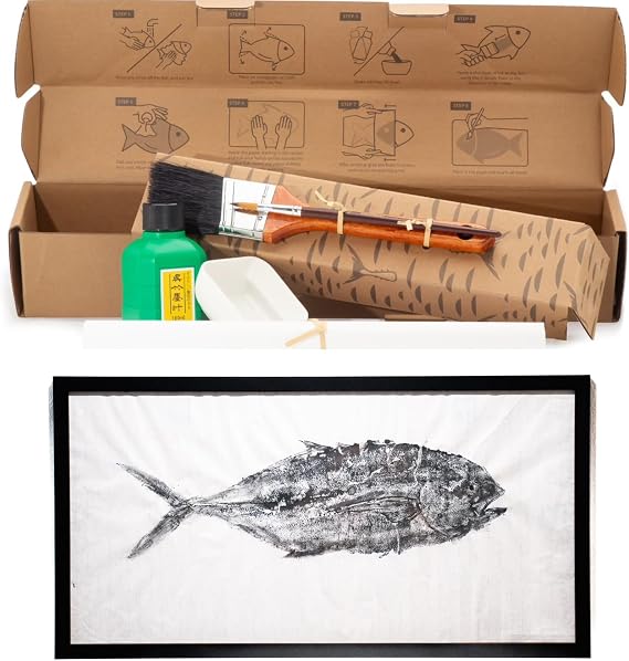 Iko Print Gyotaku Fish Printing Art Kit - Print Your own Catch! - Fishing Gifts for Men - (5 Sheets of Rice Paper, sumi Ink, Bowl, and Brushes) - DIY Japanese Fish Art for Your Home