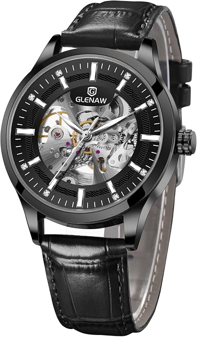 Automatic Watches for Men-Men's Skeleton Mechanical Watch, Black Case with Leather Band, Luminous Hands, Luxury Dress Watch for Business & Casual