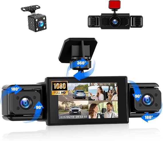 Dash Cam 3 Inch 1080P 4 Channel Dash Camera for Cars with Driving Loop Recording, Exposure Compensation, Motion Detection, Reverse Help, 360 Degree Protection