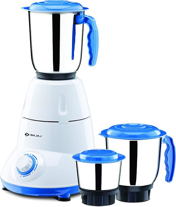 Bajaj Bravo DLX 500 Watts Mixer Grinder | 2 In 1 Functional Blade | Nutri-Pro Feature | 3 Jars | 【White & Blue】