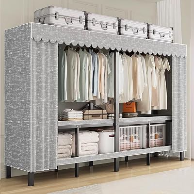 Heavy Duty Portable Closet with Cover 1200Ibs Foldable Covered Clothes Rack for Hanging Clothes Armoire Wardrobe Closet System Freestanding Coat Storage Garment Racks 150cm59inHazy Gray