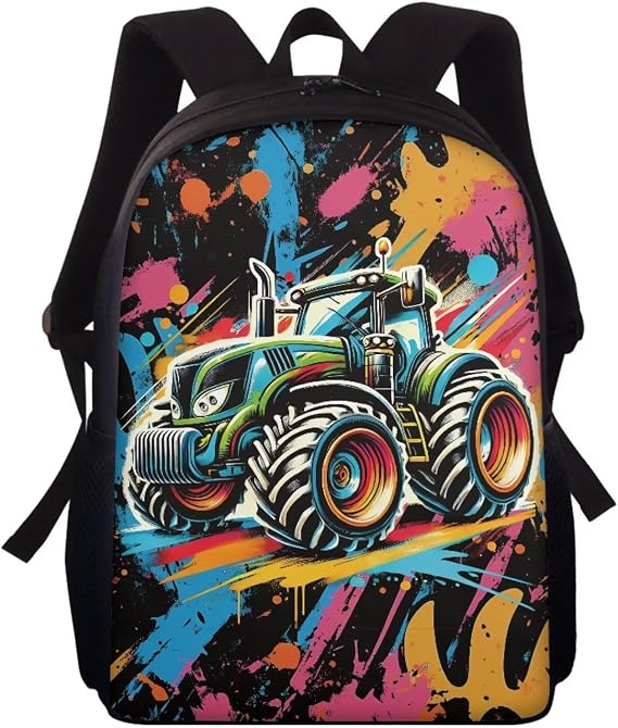 Farm Tractor School Backpack for Little Boys Age 6-8,Cool Tractor Print Schoolbag for Kids Back to School Bookbag 15 Inch Rucksack Children Backpacks with Side Pockets