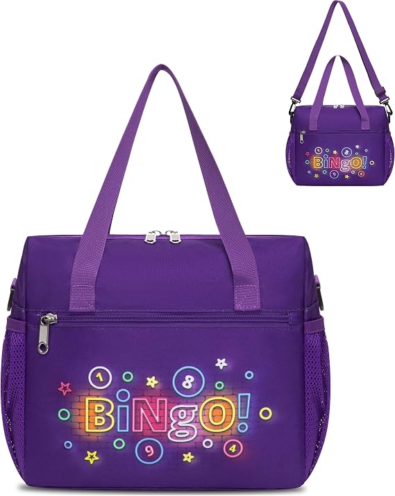 Bingo Bag for Daubers Dabbers Dobbers Dotters Water Resistant Bingo Accessories Bag with Pockets for Adults Seniors (Dark Purple)