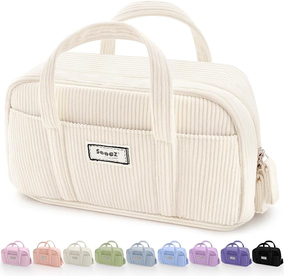 Sooez Large Pencil Case Pouch, Extra Big Pencil Bag with 5 Compartments | Pen Bag Wide Opening, Soft Corduroy Pencil Pouch Organizer with Zipper, Cute Aesthetic School Supplies for Teen Girls-Beige