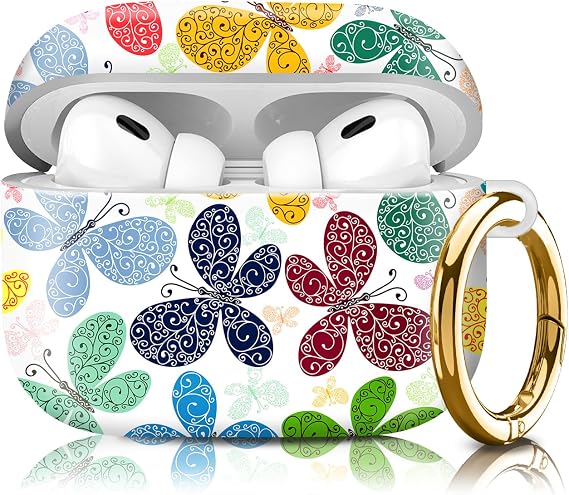 Compatiable for AirPod Pro 2nd/1st Generation Case,Lightweight & Durable Resistant Hard Case with Keychain,Stylish Design AirPod Case Cover for Women(Colorful Butterflies)