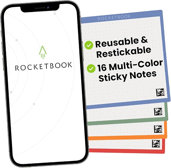 Rocketbook Reusable Sticky Notes, Restick and Reorganize Memo Pads, 3"x3", 16 Multi-Colored Sticky Notes Only (Pack of 1)