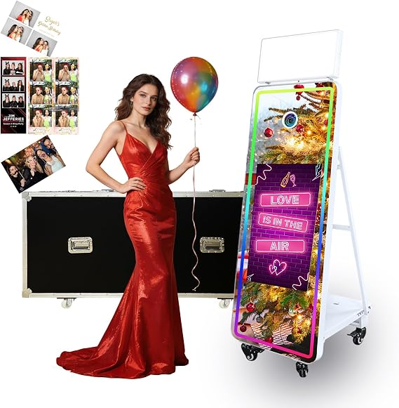60'' Magic Mirror Photo Booth with 32'' Interactive Touch Screen, Built-in Mini PC, RGB Square Light, Flight Case for Event Rental Wedding Party (White, Photo Booth Machine)