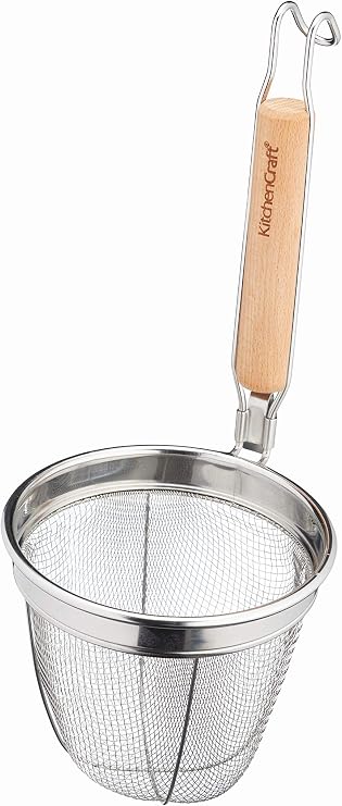 KitchenCraft World of Flavours Colander Pasta Strainer Stainless Steel Kitchen Strainer with Pasta Basket Strainer and Eucalyptus Wood Handle 14 x 16 x 34 cm 1 Piece