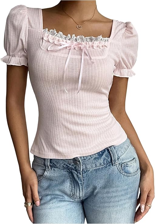 SOLY HUX Women's Y2k Lace Puff Sleeve Tie Front Ribbed Knit T Shirts