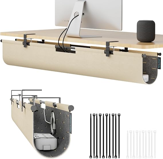 Cable Management,No Drill,Felt Cord Organizer Tray For Office,Home-Khaki45"