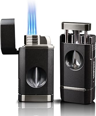 Cigar Lighter and Cutter, All-in-One Torch Lighter with Built-in Cigar V Cutter, Holder, Windproof 3 Jet Flame Lighter, Refillable Butane Lighters for Smoking, Cigar Gift for Men Black