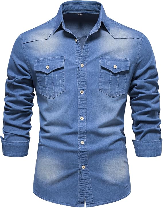 Men's Denim Shirt Slim Fit Long Sleeve Button Down Jean Work Shirts