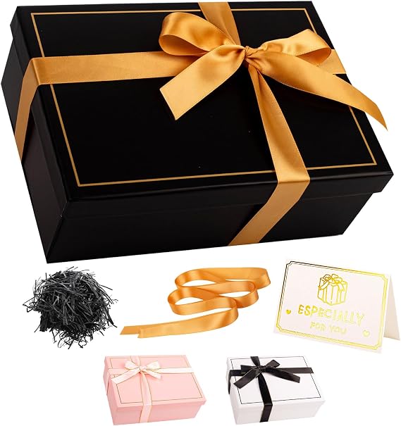 Luxury Black Gift Box with Lid 25x18x9cm Medium/Large Empty Gift Boxes for Presents, Gift Box for Birthday Christmas Wedding Bridal Valentines Day Present Box with Ribbon Her Women Men