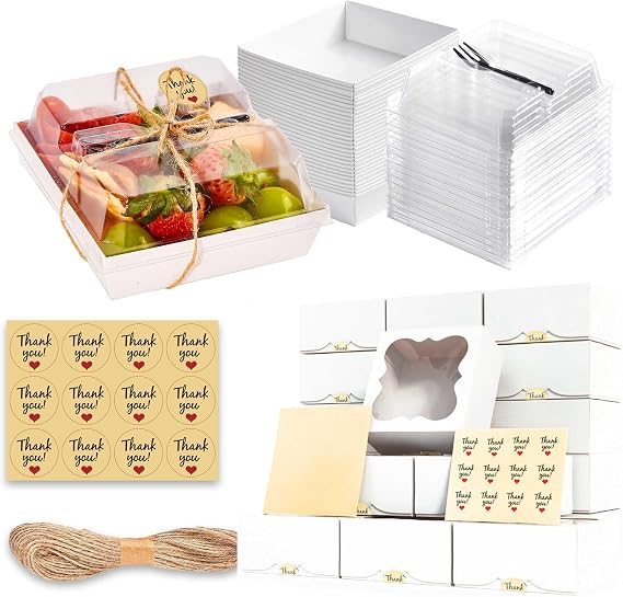 80 Pack Mixed Food Container Set - Square Boxes with Clear Lids and Bakery Containers (White)
