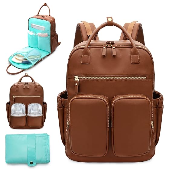 MOMINSIDE Diaper Bag Backpack, Leather Baby Bag with 18 Pockets, Diaper Backpack for Women Mom, Travel Baby Bag for Girl Boy, Large Wet Pocket, 4 Insulated Pockets, Stroller Straps, Brown