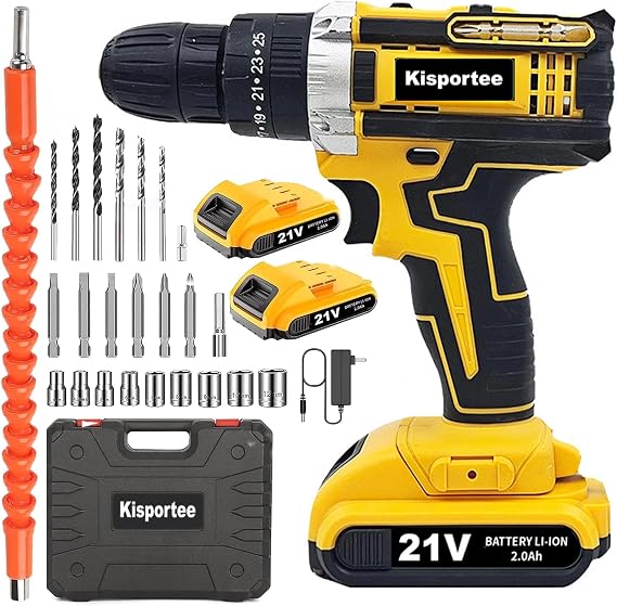 Cordless Drill, 21V Power Drill Set with 2 Battery, 3/8"Keyless 25+1 Position Electric Drill & 2-Speed Transmission For Screwdriving and Drilling, Yellow