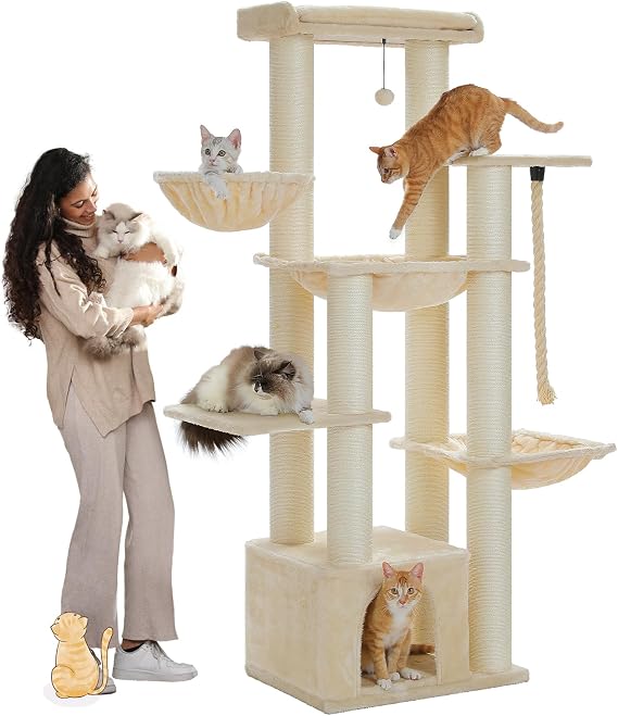 Large Cat Tree-67in Tall Cat Tower for Indoor Cats Large Adult with 13 Thick Sisal Scratching Posts (4.3in), Multi- Level Cat Condo, Super Big Perch & Hammocks for Maine Coon 20 lbs -Beige