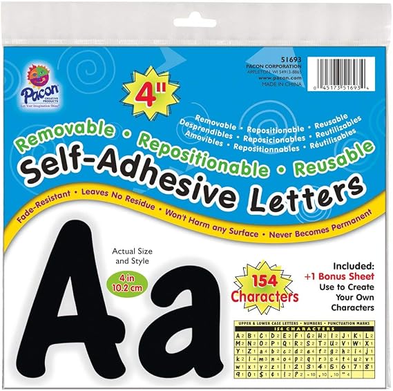 Pacon Reusable Self-Adhesive Vinyl Letters & Numbers Cheery Font 4" Black