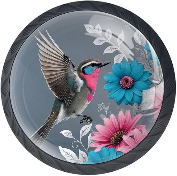 4 Pieces Drawer Knobs Hummingbird Flowers Kitchen Cabinet Knobs Black Drawer Pulls Dresser Knobs, Glass Knobs for Kitchen Cabinet Hardware Bathroom 35MM