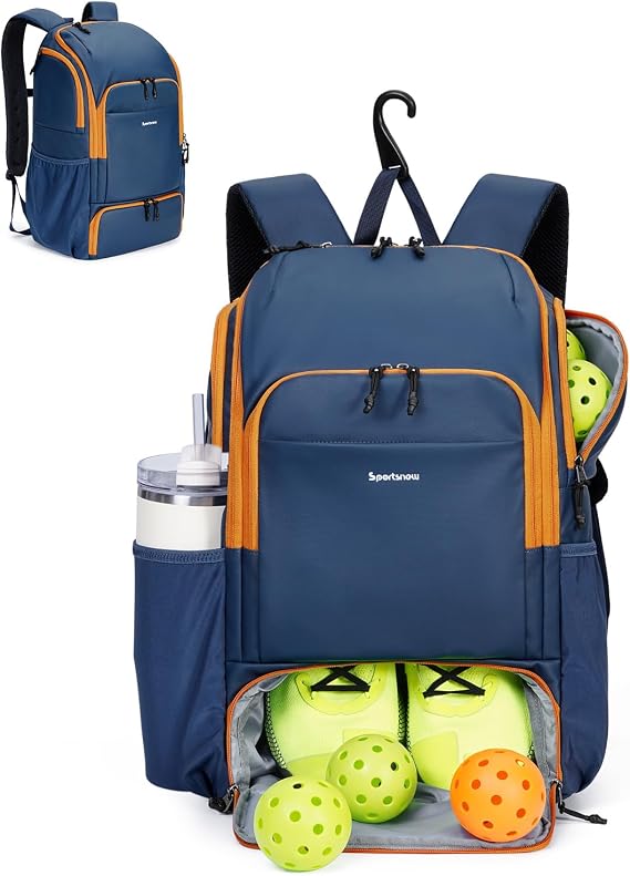 sportsnew Waterproof Pickleball Bag Men Women W/Shoe Compartment Fence Hook | 2 separate pickleball pockets, 40oz handled tumbler pocket, 30L capacity, adjustable straps,breath back panel, Ext Zip pull