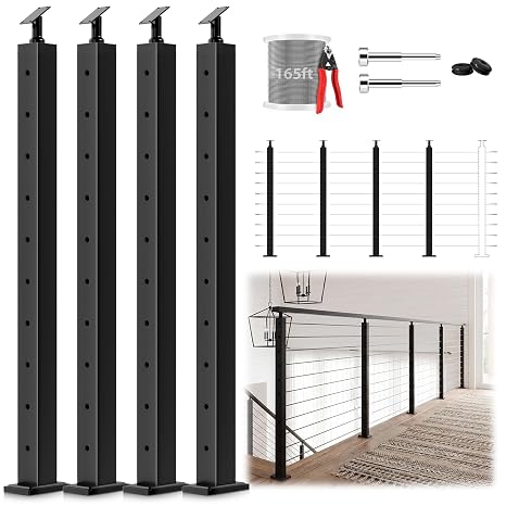 One-Stop Deck Railing Kit, Black 36" Cable Railing System Including Stainless Steel Post, Cable, Terminal, Cable Grommet, No Handrail (4xLevel Posts Kit)