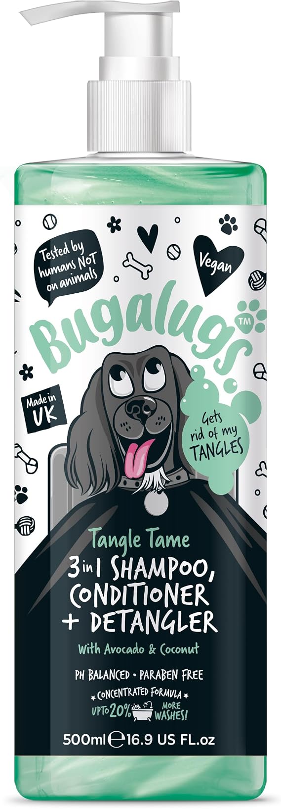 BUGALUGS Dog Shampoo Tangle Tame 3 in 1 Avocado & Coconut dog grooming shampoo, conditioner & detangler - products for smelly dogs with fragrance, best puppy shampoo, professional groom (500ml)