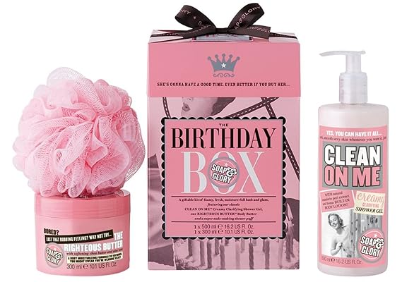 Soap & Glory The Birthday Box - Clean On Me Shower Gel, The Righteous Butter Body Butter with Shea Butter & Shower Puff - Rose & Bergamont Scented Birthday Gift Set - 3 Piece Shower Set