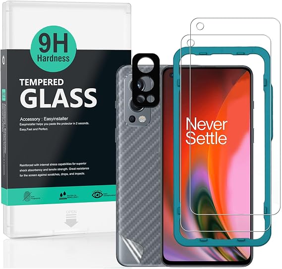 Ibywind Screen Protector For Oneplus Nord 2 5G,with 2Pcs Tempered Glass,1Pc Camera Lens Protector,1Pc Backing Carbon Fiber Film [Fingerprint Reader,Easy to install]
