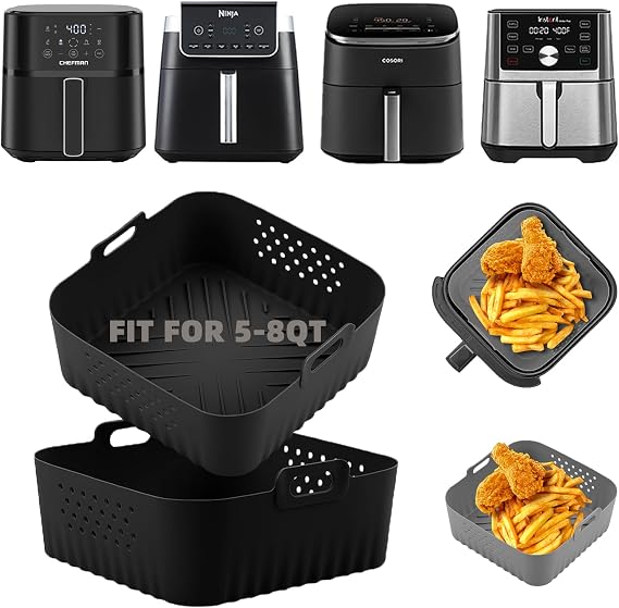 LYHOLKEER Silicone Air Fryer Liners,2 Pcs Square silicone air fryer basket liners Reusable for Ninja Air Fryer Pro XL AF141 AF142 AF181 AF182 5.5 6 6.5 QT and Other 5-8QT,COSORI Air Fryer Accessories