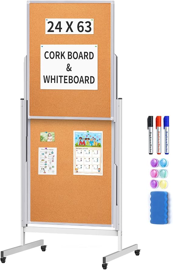 Maxtek 24x63 Mobile Corkboard and Whiteboard Double Sided Height Adjustable