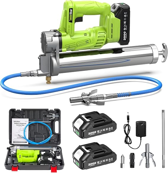 TaskStar Electric Grease Gun with Quick-Release Coupler, Battery Powered Grease Gun Kit with 2 Batteries & Charger, 4.6 oz/min High Flow, 10000 PSI for Tractor, Truck, Trailer & Equipment Maintenance