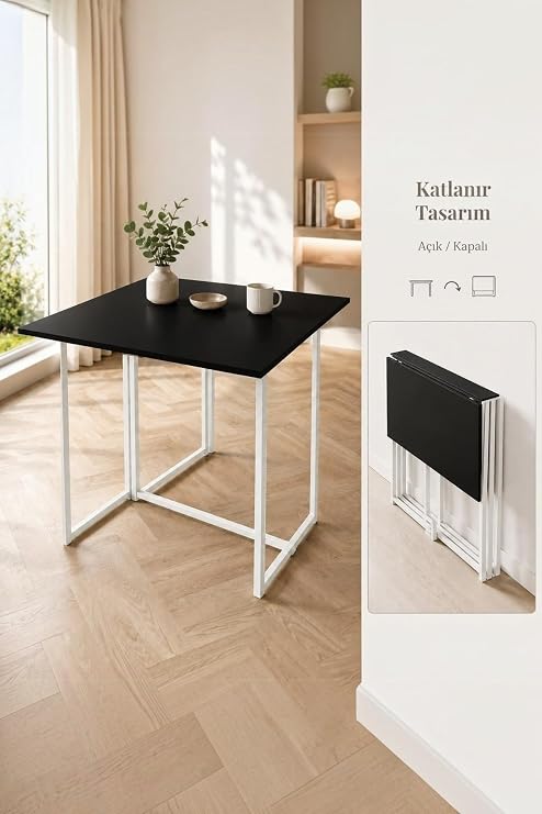 Workcomo Katlanır Çalışma Masası Yemek Masası Mutfak Masası Balkon Masası, Beyaz - Siyah