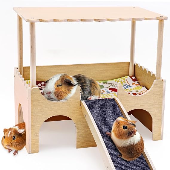 Guinea Pig Hideout Castle, 2-Tier Wooden Chinchilla House with Stairs and Loft Bed, Small Animals Habitats Hut Accessories for Hamsters Bunny Rabbit Hedgehog Playing Hiding, Easy Assembly