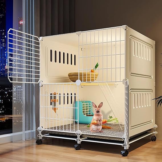 Large Rabbit Cage Indoor with Wheels - 2 Tier Bunny Hutch for Ferrets, Chinchillas, Squirrels, Cats | Extra-Large Small Animal Cage with Ventilation & Easy Assembly