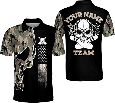 LASFOUR Custom Skull Bowling Shirts with Name, USA Camouflage Bowling Jerseys for Men Short Sleeve, Mens Bowling Team Shirts
