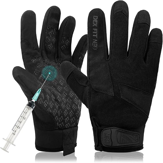 DEX FIT NPG420 Needle Resistant Gloves, ASTM F2878 Level 4 Palm & Lvl 3 Finger, ANSI Cut A9 Heavy Duty Industrial Protection, Multi-Layered Steel Mesh Puncture Proof Work Gloves, Black, XS, 1 Pair