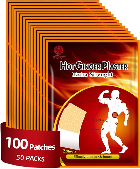 KONGDY 100PCS Ginger Capsaicin Patches, Hot Capsicum Relief Patch(50 Pack) | 3.94"x2.76" Heat Relief Patch for Back, Neck, Knee, Shoulder, Muscles, Joints, Adhesive Patches