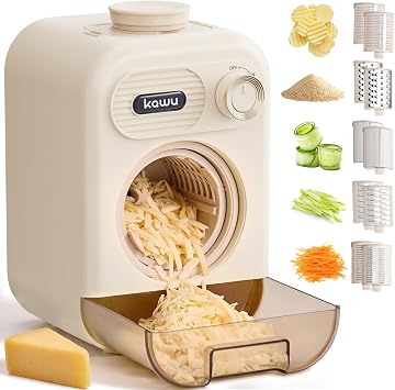 Kawu Electric Cheese Grater, 5-in-1 Automatic Food processor Salad Maker, Electric Vegetable Chopper with Knob Control, Home Kitchen Parmesan Shredder Slicer for Block Cheese, Fruits, Nuts
