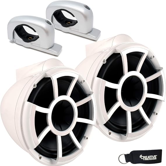 Wet Sounds REV 10 W-FC SA V2 - White REV10 - Revolution Series 10" Tower Speakers, Pair with Silver Aluminum Fixed Clamps (Pair)