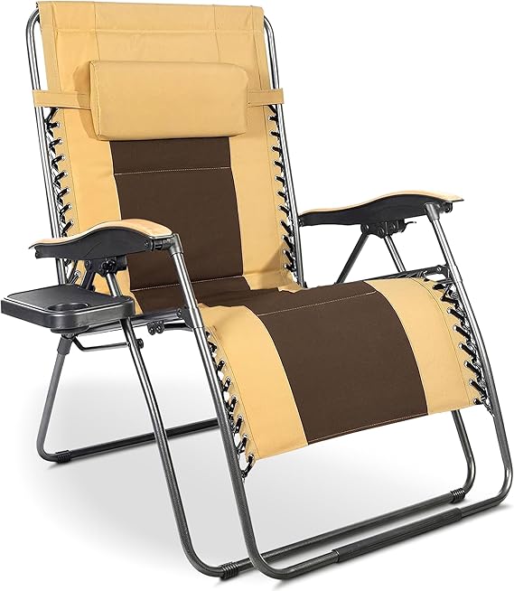 GRETERST Zero Gravity Chair Lawn Chair Oversized Padded Recliner Folding Outdoor Patio Lounge Chair Anti Gravity Lounger with Headrest, Side Drink Tray, Yellow