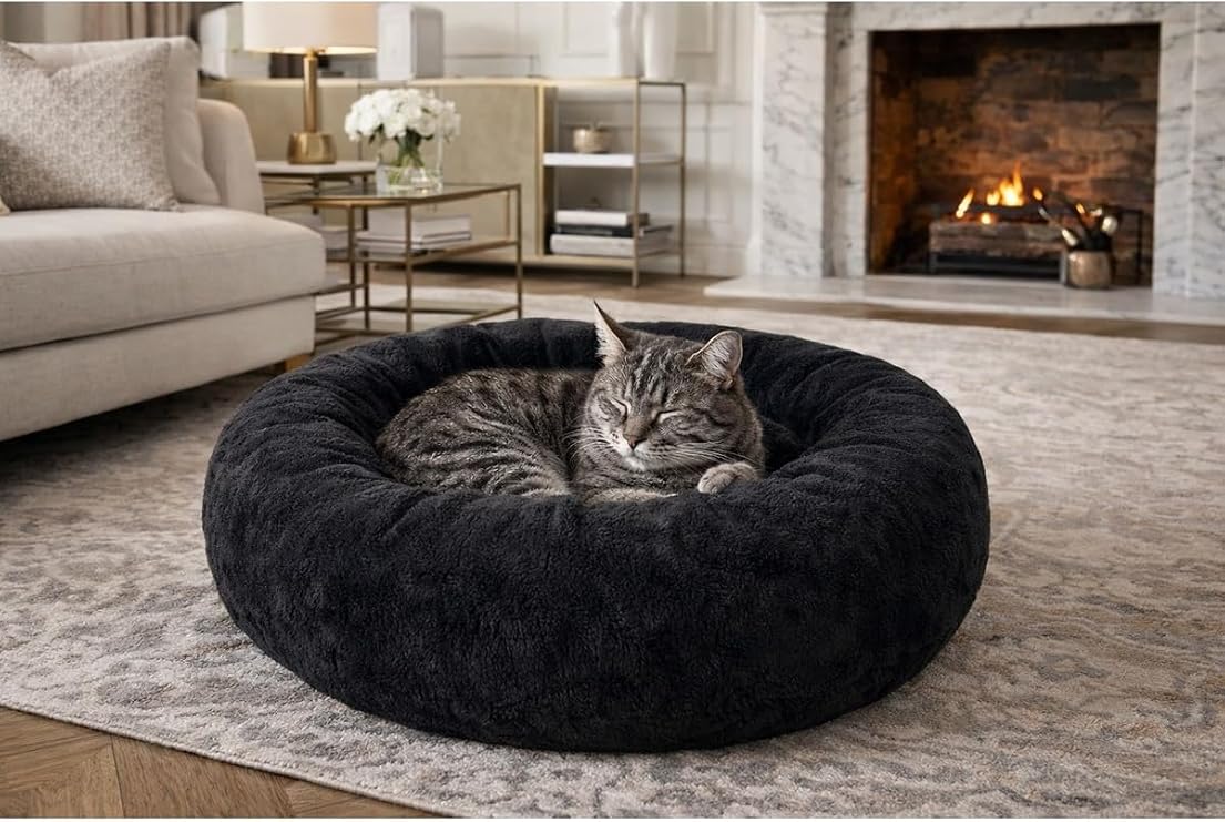 Peluş Simit Kedi Yatağı, Küçük Irk Köpek Yatağı, 55 Cm Çap, Siyah