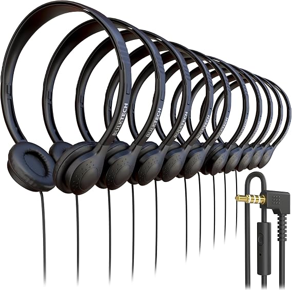 20 Pack Bulk Wired On-Ear Leather Headphones with Microphone and 3.5mm Connector, Black