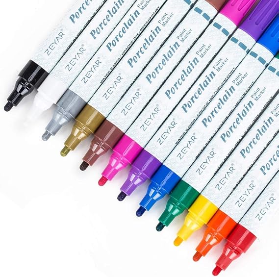 ZEYAR Acrylic Paint Pens for Porcelain, Professional Ceramic painting, 12 colors Water-based, Medium Point, Water and Fade Resistant, DIY on Mugs and other Ceramics for Permanent Collection
