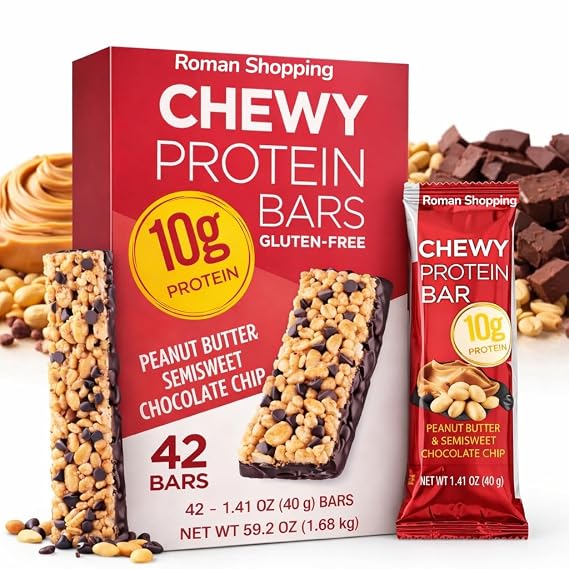 Peanut Butter & Chocolate Chip Protein Bars 10g Protein per Bar, Gluten Free, Kosher Soft Texture Snack Bars 42 Count (1.41 oz Each) Distributed by Roman Shopping Kirkland