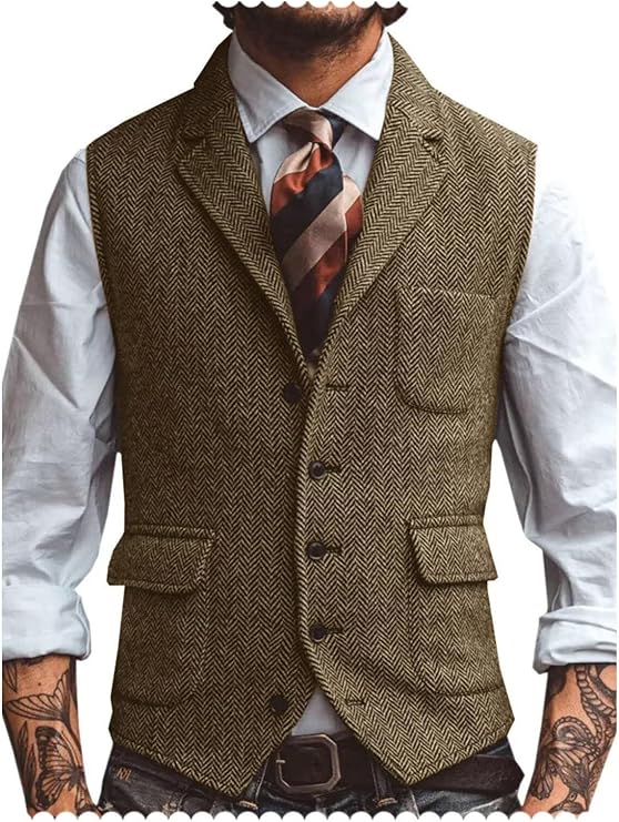 Mens Suit Vest Lapel Herringbone Tweed V Neck Waistcoat Business Formal Sleeveless Jacket Khaki