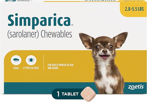 Simparica Chewable for Dogs, Liver Flavor, 2.8-5.5 lbs, 1-Month Supply | 35-Day Protection: Kills Fleas in 3 Hours; 6 Types of Ticks in 8 Hours, FDA-Approved to Prevent Lyme Disease, Puppies 6+ Mo.