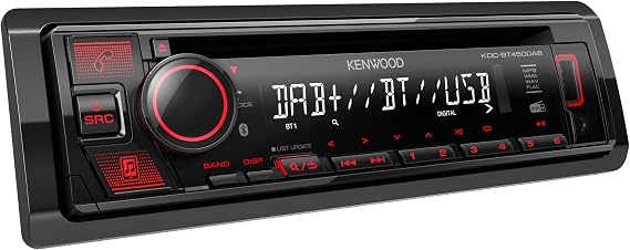 Kenwood KDC-BT450DAB CD Car Radio with DAB+ and Bluetooth Hands-Free Kit (High Performance Tuner Sound Processor USB AUX Spotify Control 4 x 50 Watt Red Button Lighting)