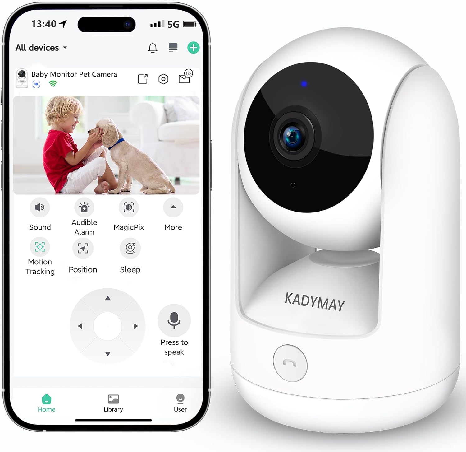 Pet CameraDog Camera wMotion Tracking, Indoor Cameras w 1-Key-Call, 2K HD Baby Monitor wPanTilt Rotating, Live Video&Playback with Phone App, WiFi Wireless Cameras for Home Security