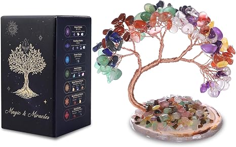 7 Chakra Crystals Crystal Tree of Life with Natural Jade Base Gemstone Bonsai Made of 108 Natural Stones Approx. 8-11 cm Handmade Feng Shui Crystal Decoration Spiritual Gift